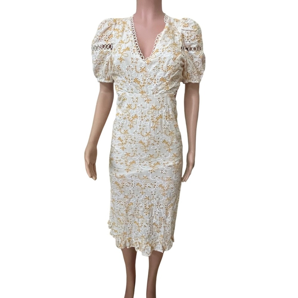 RAHI Med. dress, yellow cream, eyelet, cutout, v neck, puff sleeve, 100% cotton